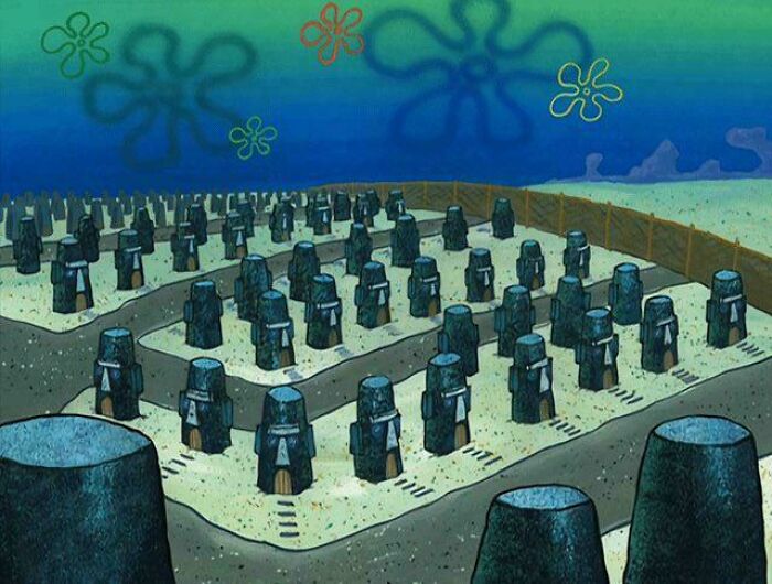Cartoon image of identical houses in suburban hell neighborhood from SpongeBob SquarePants
