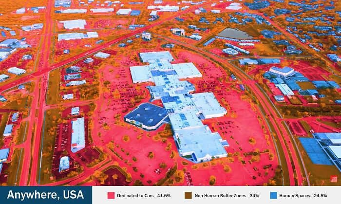 Heatmap of suburban area showing land use dedicated to cars and human spaces