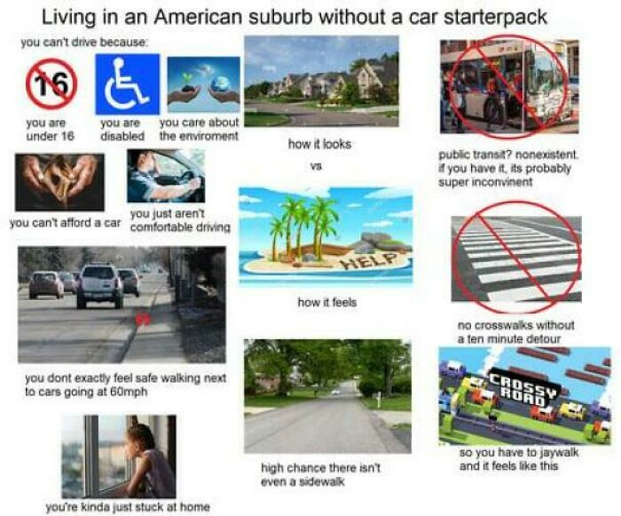 Living in American suburb without a car starterpack showing challenges of suburban life