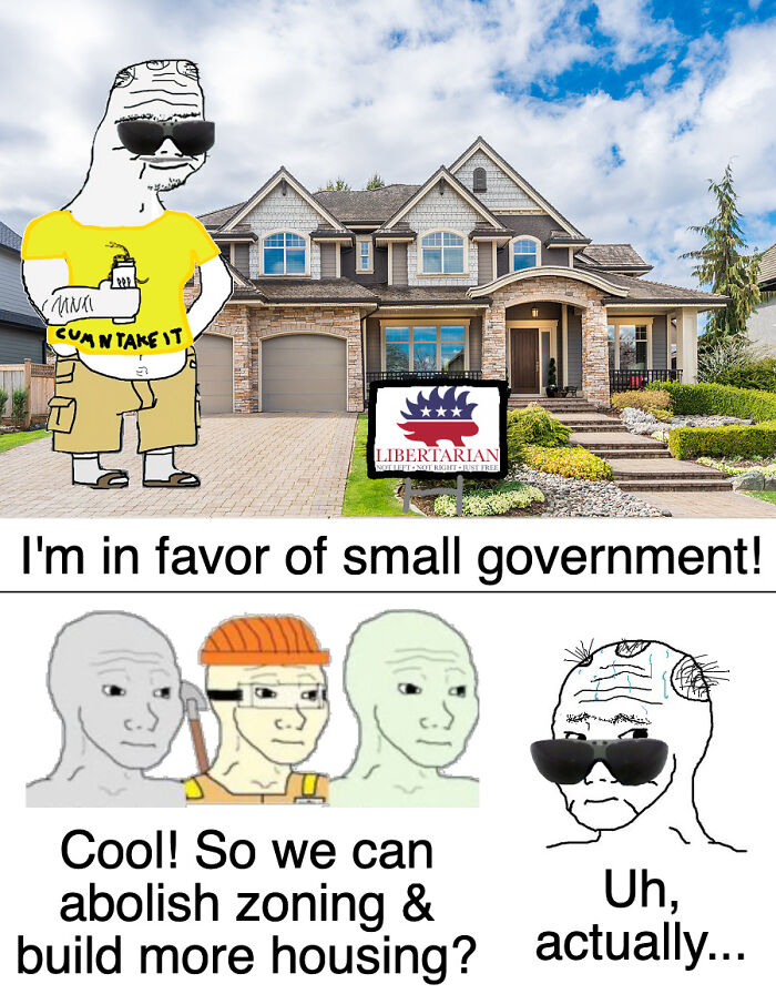 Libertarian cartoon character in front of suburban house supporting small government
