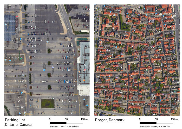 Aerial view comparison of suburban sprawl in Ontario Canada and Dragor Denmark