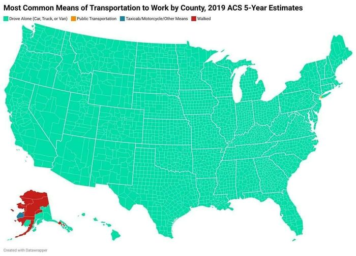 US map showing most common means of transportation to work by county, 2019 data
