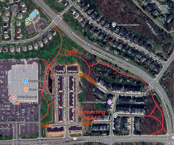 Suburban hell map showing trails and connecting roads around a residential area near Costco