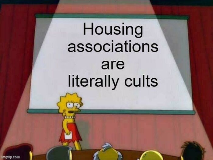 Suburban hell meme showing Lisa Simpson saying housing associations are literally cults