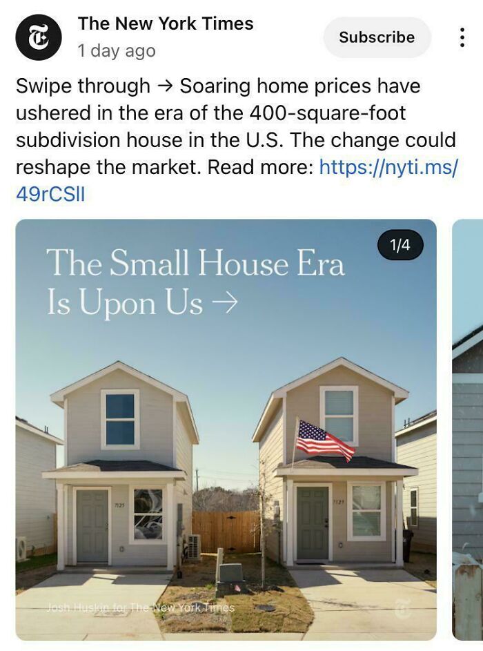 Social media post showing two small subdivision houses with American flag in front
