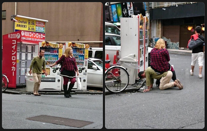Two urban street scenes showing people interacting near vending machines and bicycles