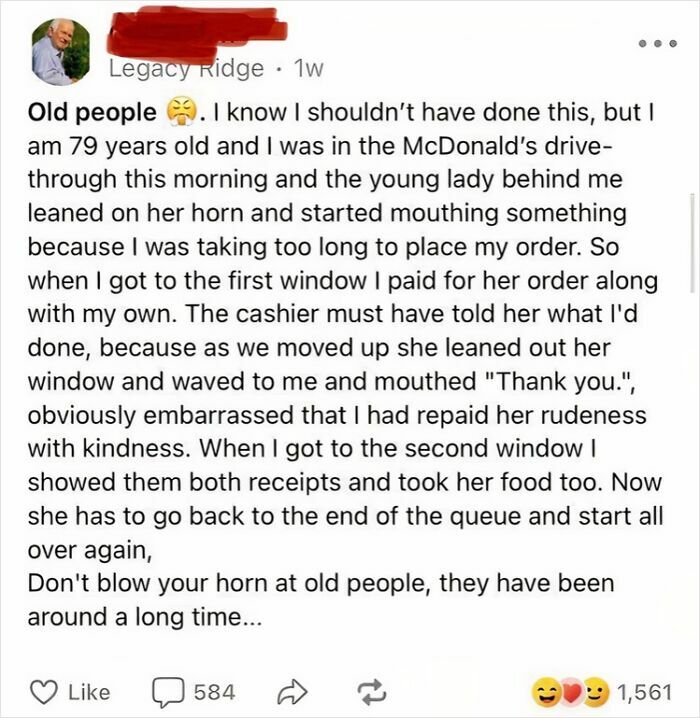 Old man pays for young woman's McDonalds order as a plot twist act of kindness