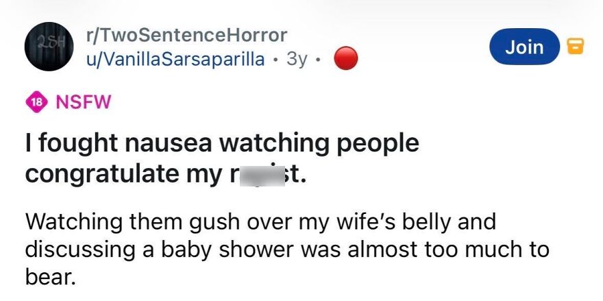 Short spine-chilling story of nausea watching people congratulate on pregnancy