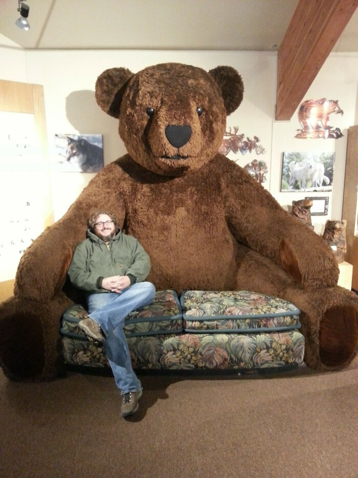 A man sitting on a small couch in front of a giant teddy bear, offering a playful take on couches and interior design.