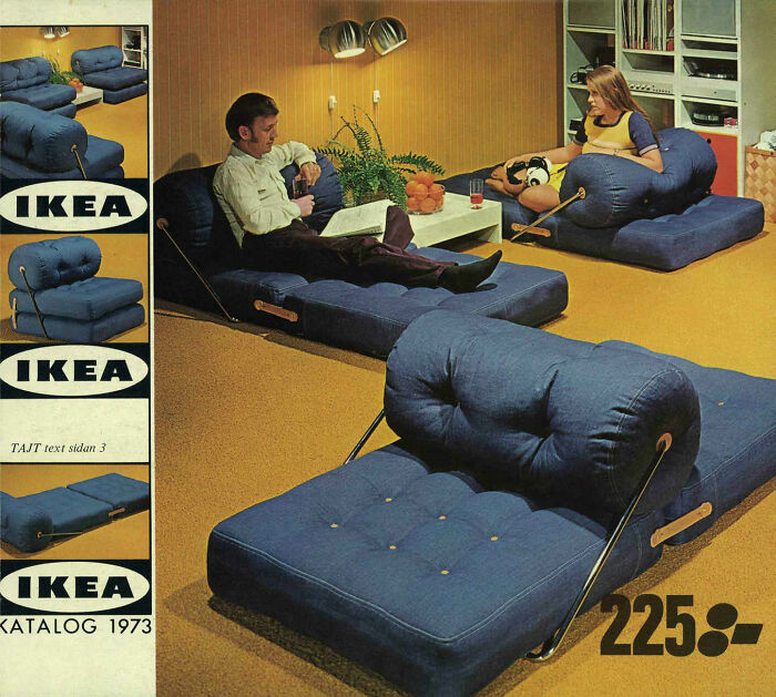 Vintage IKEA advertisement showing multiple blue couches in a living room, highlighting retro interior design.