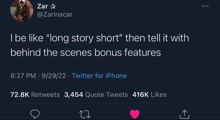 Tweet humor about telling a long story with behind the scenes bonus features