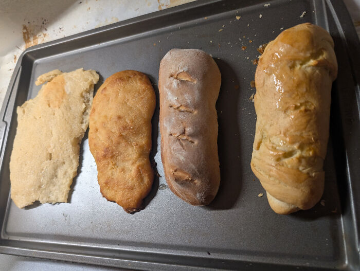 Funny bread baking fail showing uneven loaves on metal tray