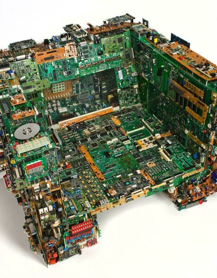 Couch made from numerous computer circuit boards, an unusual choice for interior designers.