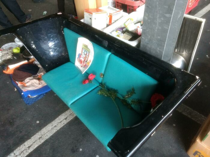 An unconventional couch made from a black bathtub with teal cushions and red roses, showcasing creative interior design for couches.