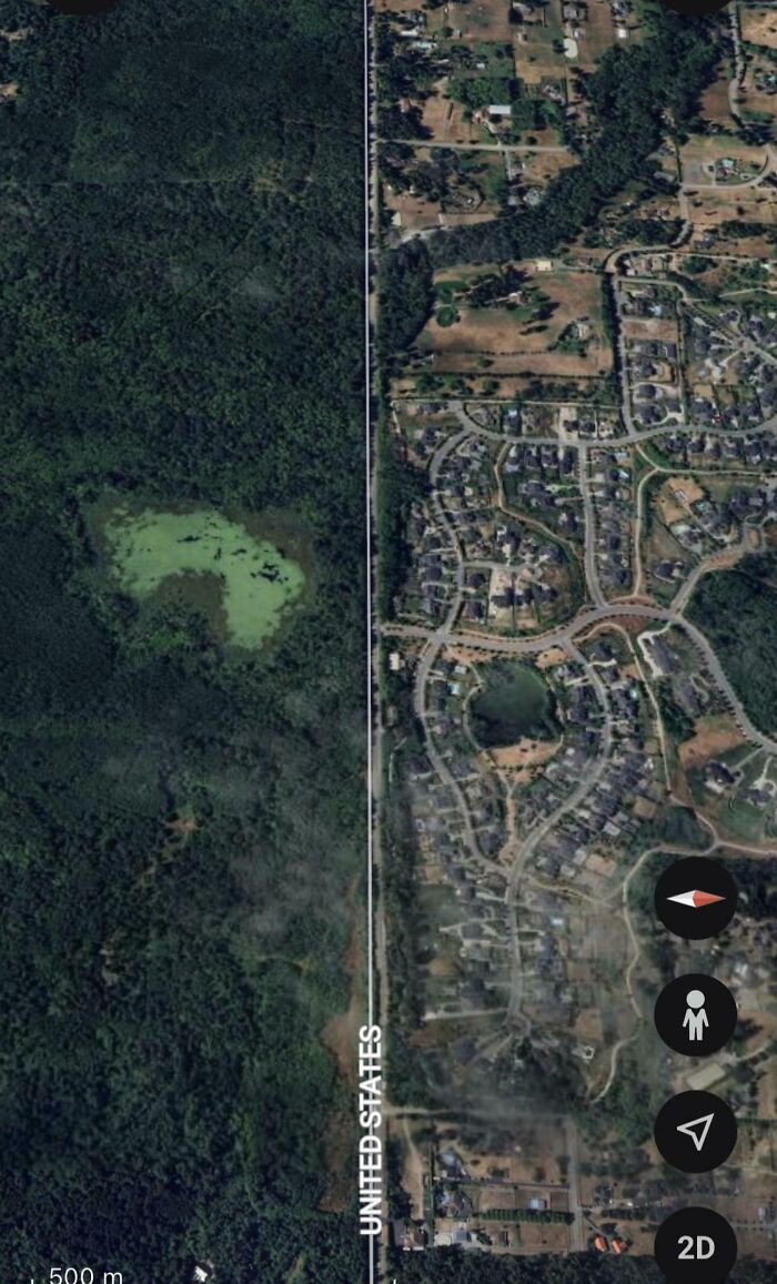 Urban hell border showing abrupt change from forest to suburban neighborhood