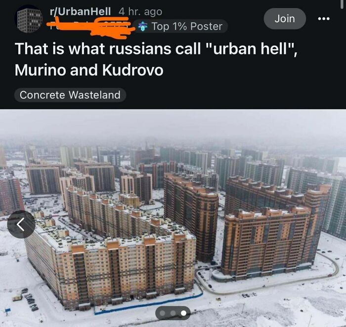 Snowy dense urban residential area in Murino and Kudrovo called urban hell