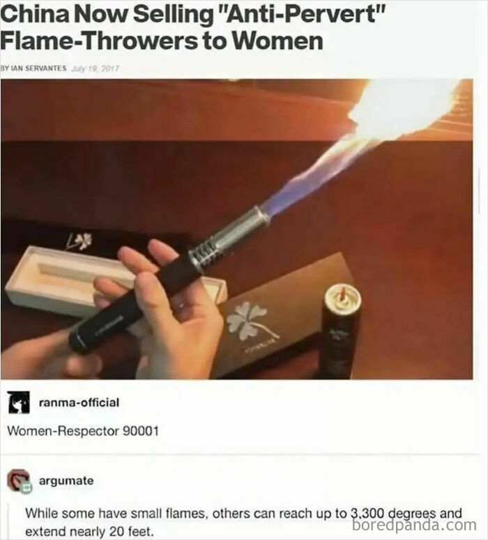 Flamethrower marketed as anti pervert weapon for women in China