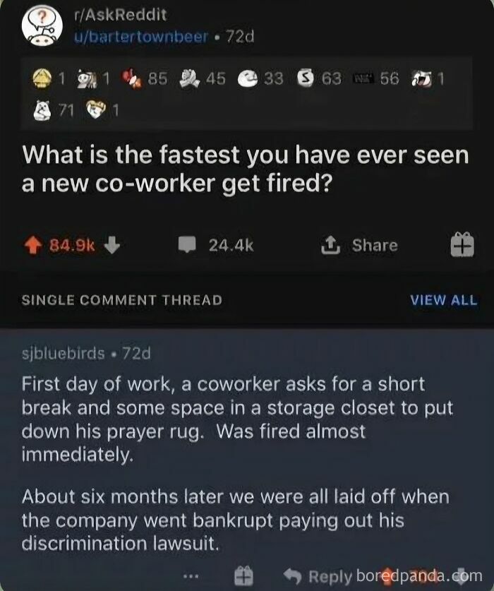 Reddit post asking about fastest coworker firing with a discrimination story