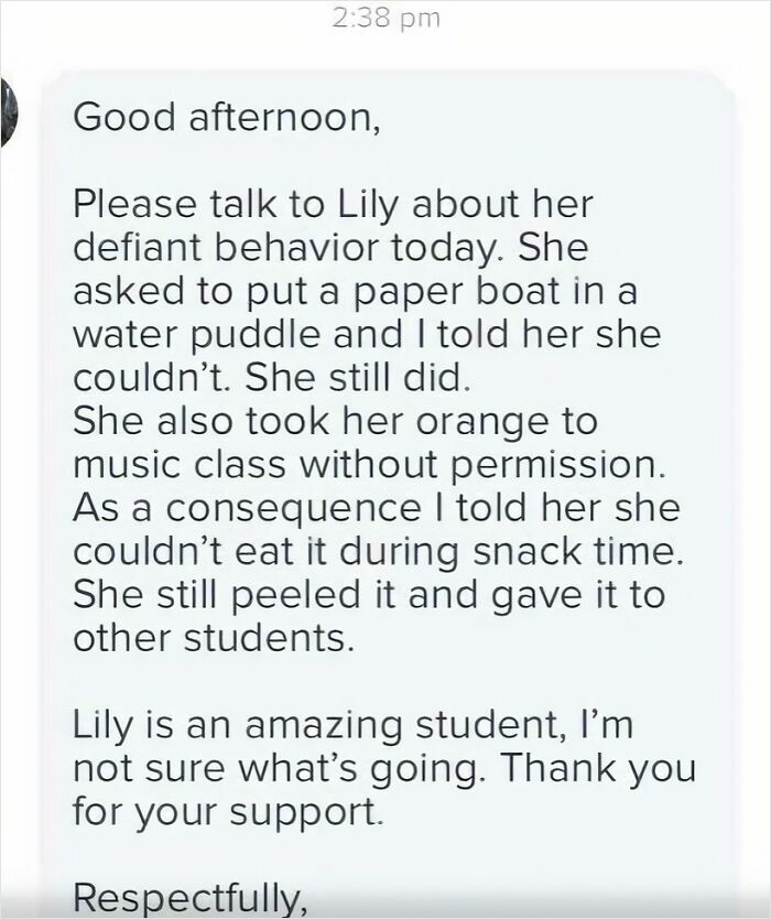 Message from a teacher about a student named Lily and her defiant behavior, illustrating an annoying teacher's complaint.