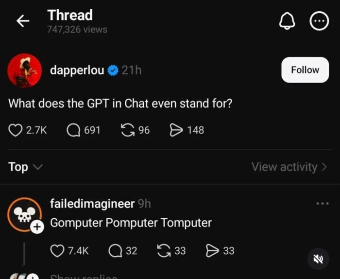 Funny Twitter thread questioning GPT meaning with witty reply