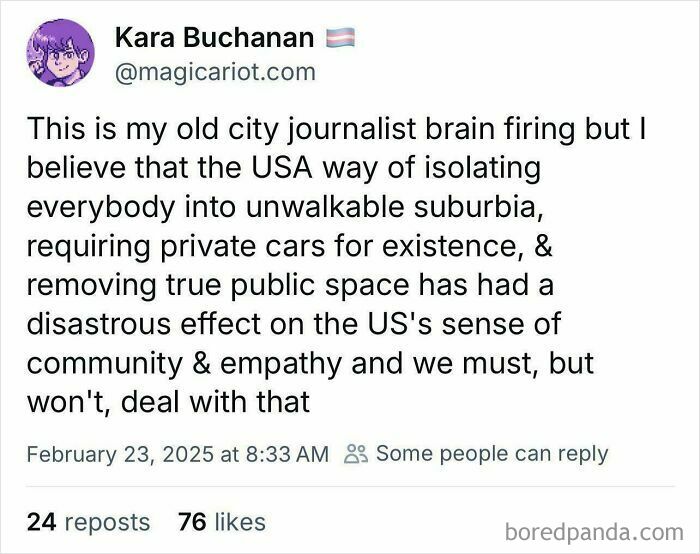 Tweet discussing suburban hell and unwalkable suburbs in the USA affecting community and empathy