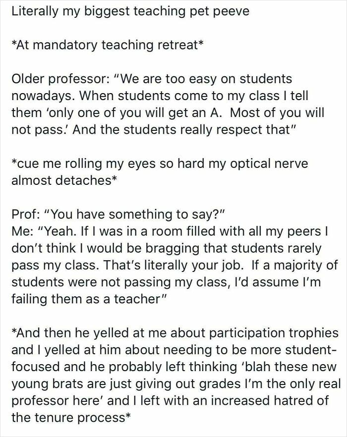 A text post describing a professor's toxic and annoying teaching pet peeve at a teaching retreat.
