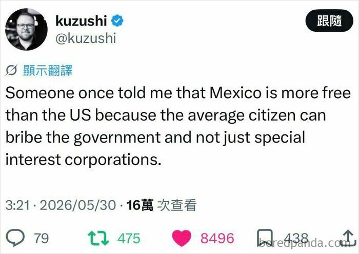 Tweet discussing freedom in Mexico and government bribery compared to the US