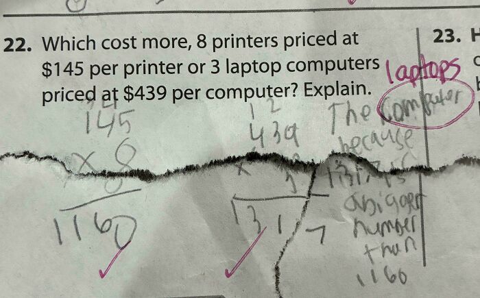 A close-up of a math test question comparing printer and laptop costs, with a student's answer and notes, highlighting annoying teachers.