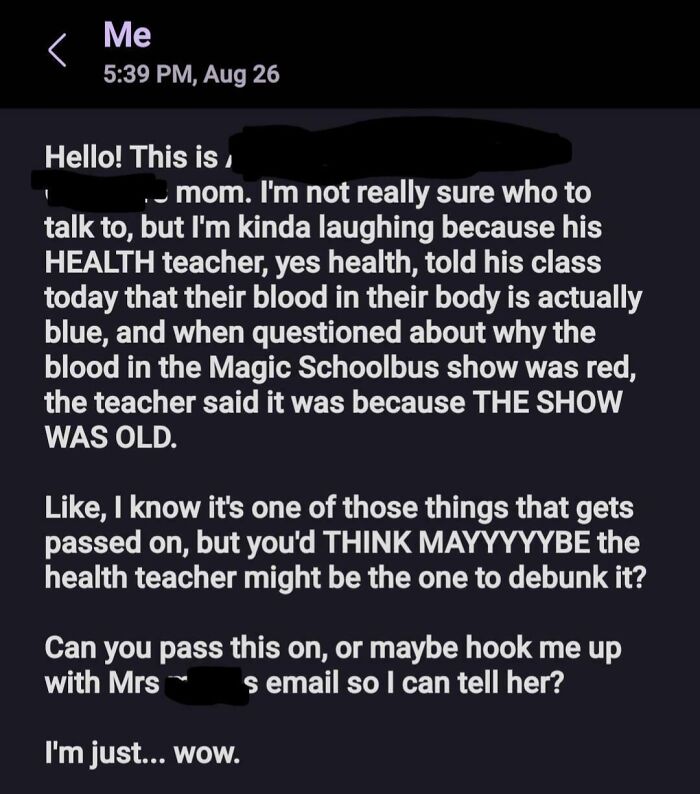 A phone screenshot of a text message from a parent discussing a health teacher's annoying and incorrect statement about blood being blue.