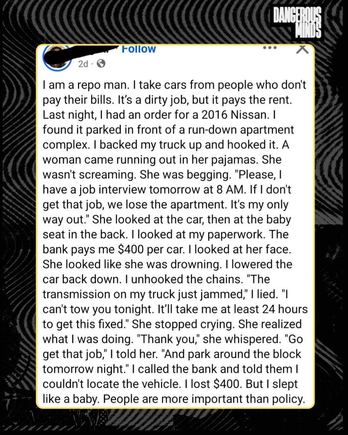 Repo man spares a woman's car to help her keep her job, showing compassion beyond repo policies