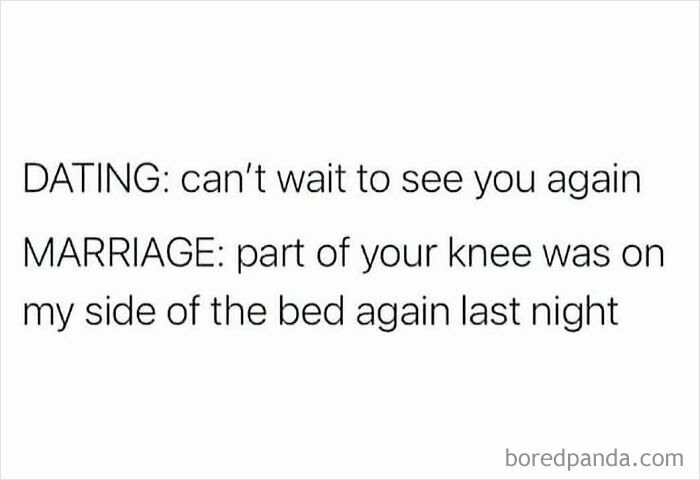 Funny husband and wife meme about dating vs marriage bed space