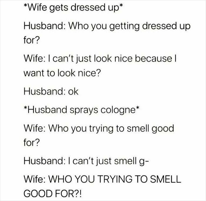 Wife and husband meme about getting dressed up and smelling good