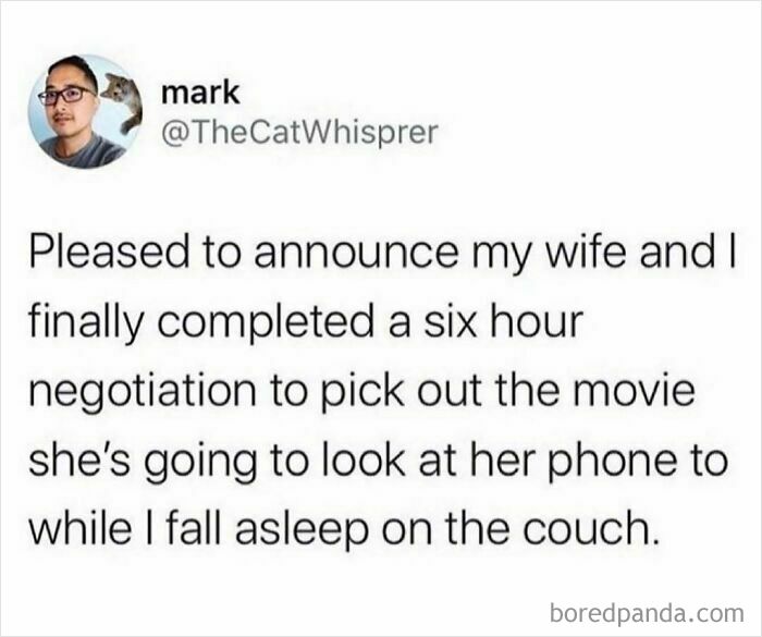 Hilarious tweet about husband and wife negotiating movie choice while wife uses phone