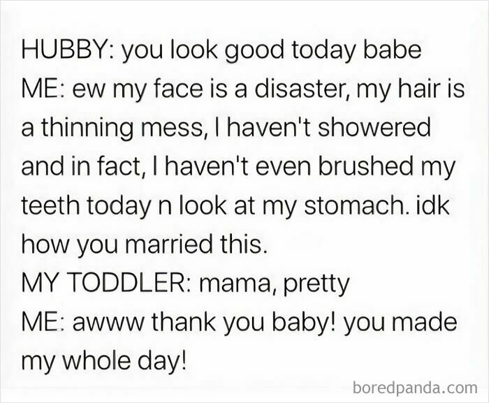 Husband and wife meme about self-image contrasted with toddler's innocent compliment