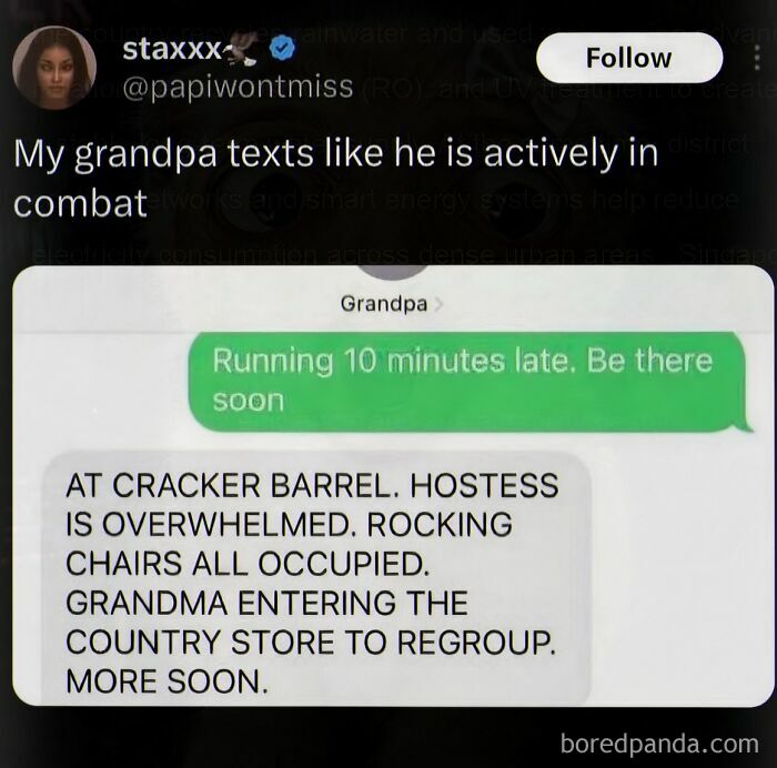 Funny grandpa texting like he is in combat situation