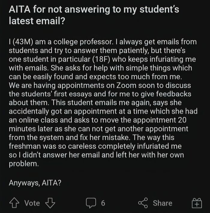 A Reddit post about a college professor asking AITA for not answering a student's email. Students can find teachers toxic and annoying.