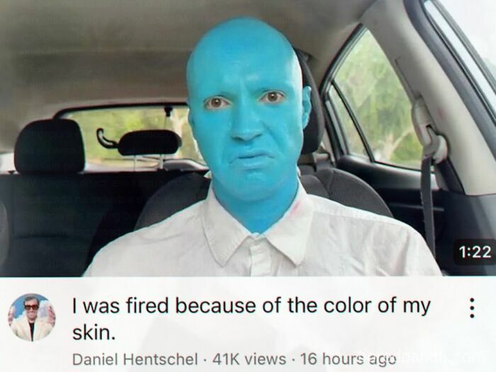 Man with blue face makeup unlucky cringe firing meme