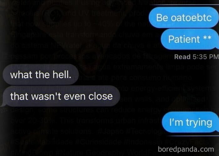 Cringe text message fail with one person badly spelling patient in a chat