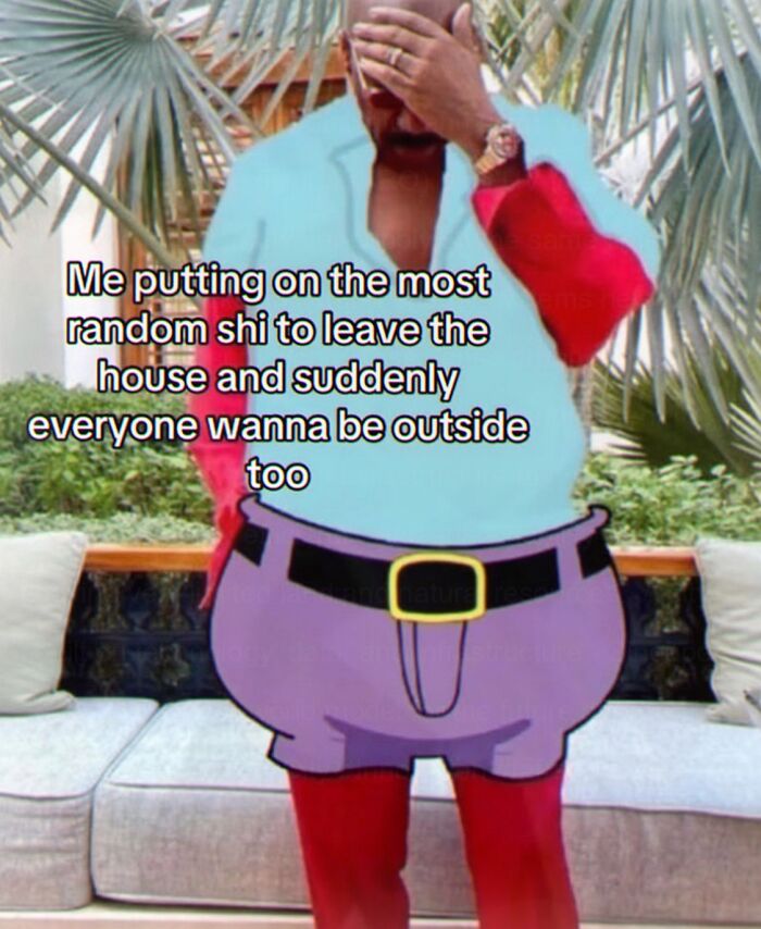Cringe meme of man dressed as cartoon character embarrassed to leave house outdoors