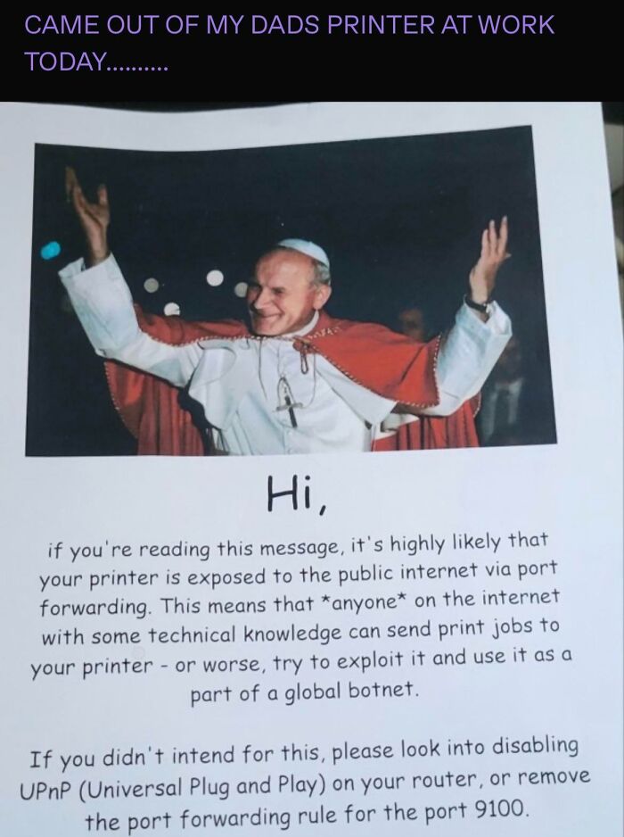 Screenshot of a warning message about printer vulnerability to internet exploits