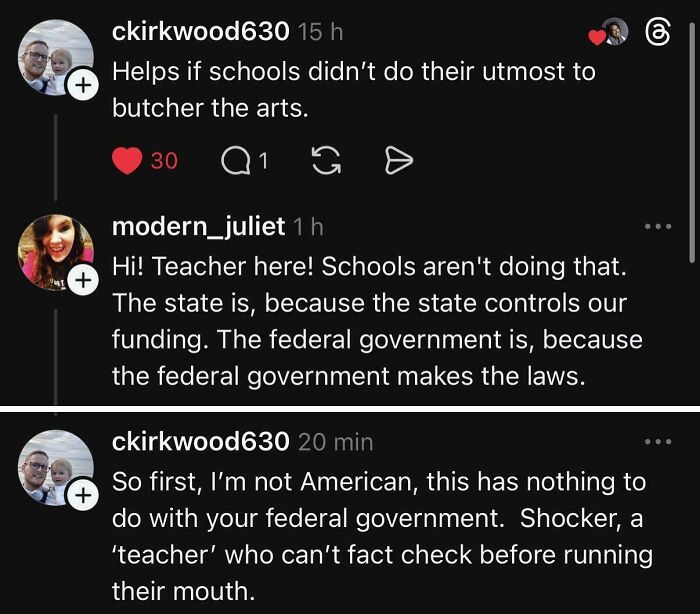 A screenshot of a Twitter conversation about schools butchering the arts, with one user criticizing a teacher's lack of fact-checking and calling them toxic.