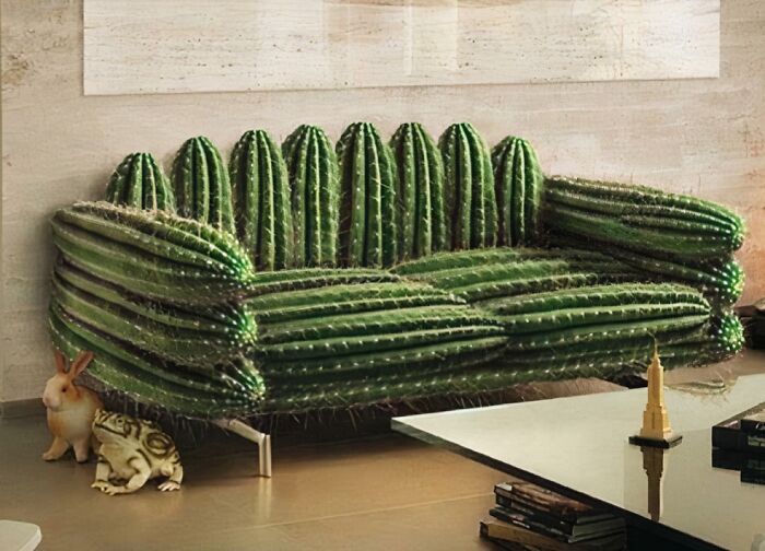 A modern couch designed to look like a prickly cactus, a sharp and unique piece for interior designers.