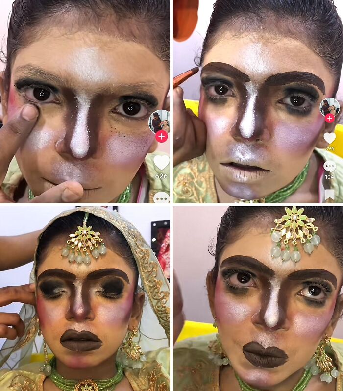 A split image of a person getting significantly worse makeup results at a beauty salon.
