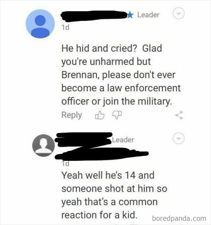 Comments discussing a 14-year-old hiding and reacting to being shot at