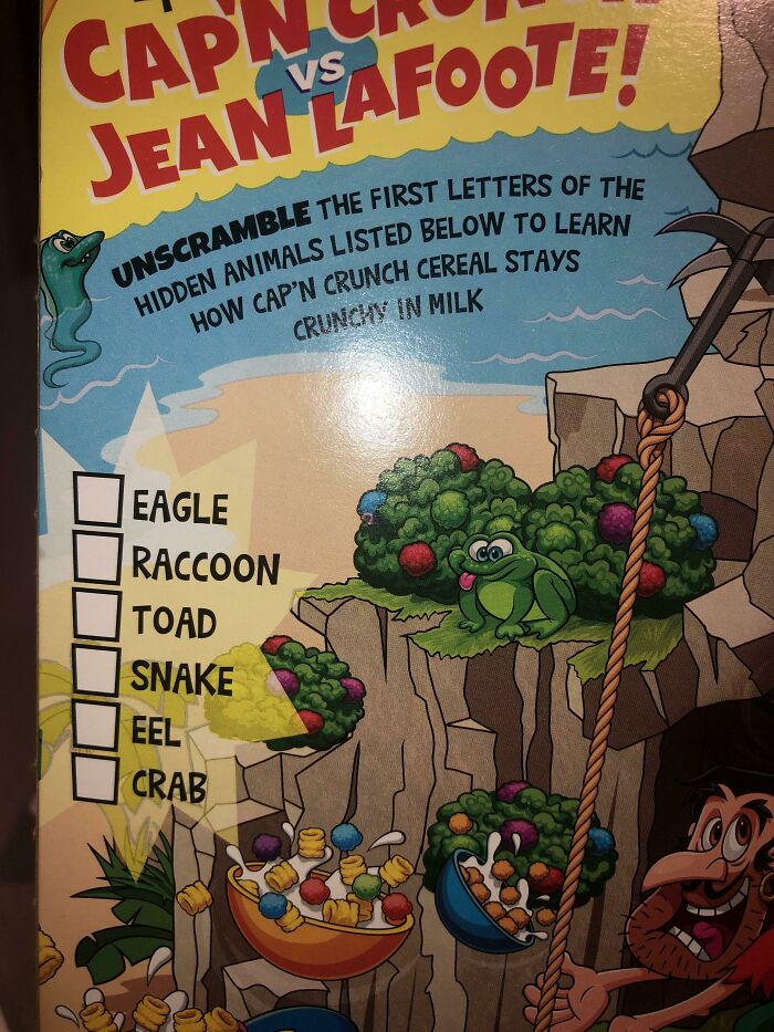 A cereal box brain puzzle featuring CapN Crunch vs. Jean LaFoote, challenging users to unscramble animals.