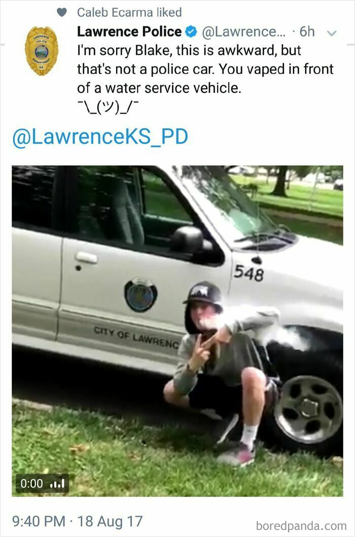 Funny post about vaping in front of a water service vehicle, not a police car