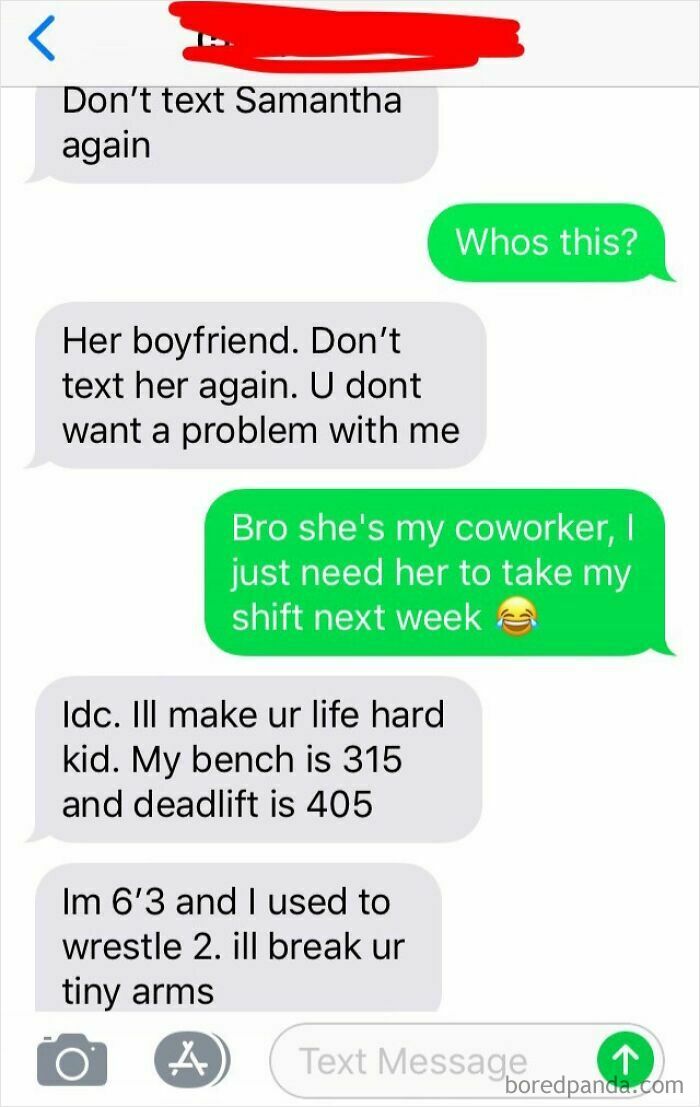 Text exchange with boyfriend acting tough about gym lifts and wrestling experience