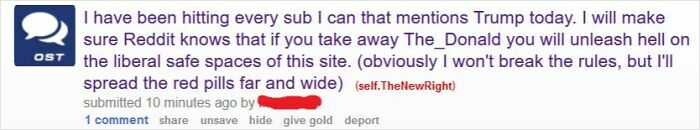 Reddit post about aggressive political comments related to Trump and online spaces