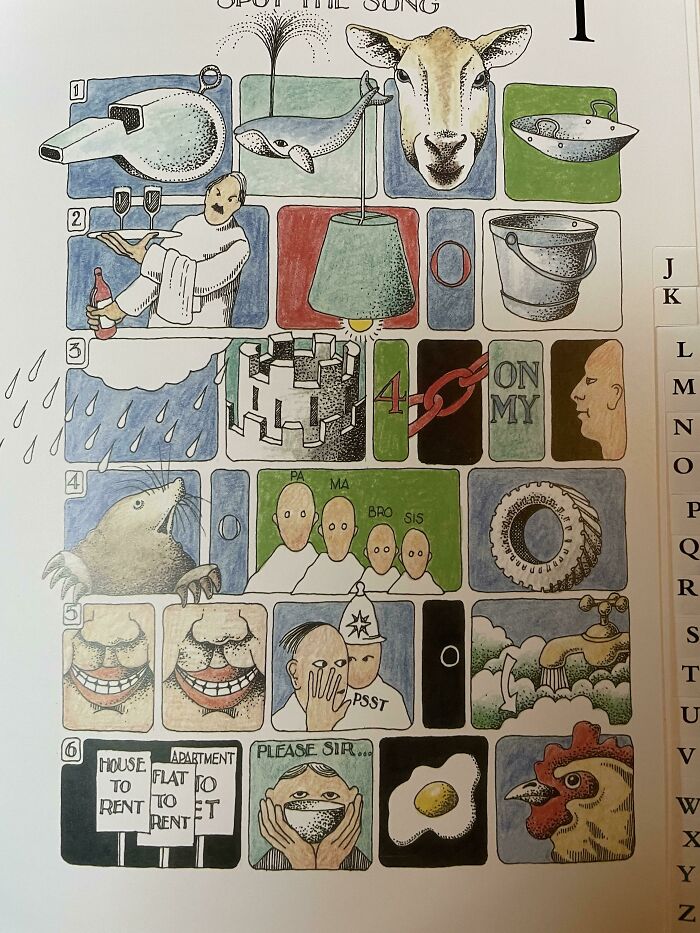 A large grid of illustrations including a whistle, a whale, a sheep, and a waiter, forming an intricate brain puzzle or song game.