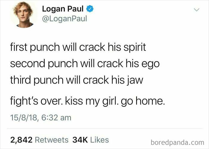 Logan Paul tweet about breaking someone's spirit, ego, and jaw with punches